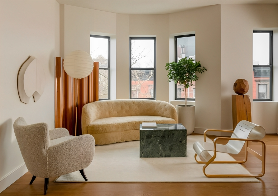 A living room filled with furniture and windows.